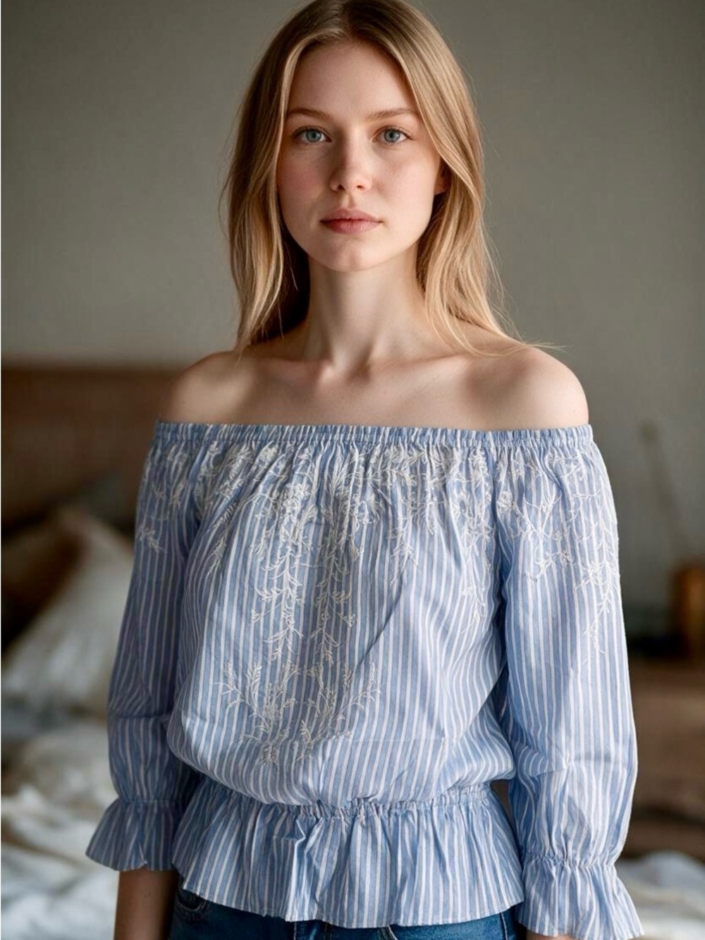 NWT White House Black Market Blue Stripe Embroidered Off Shoulder Top M